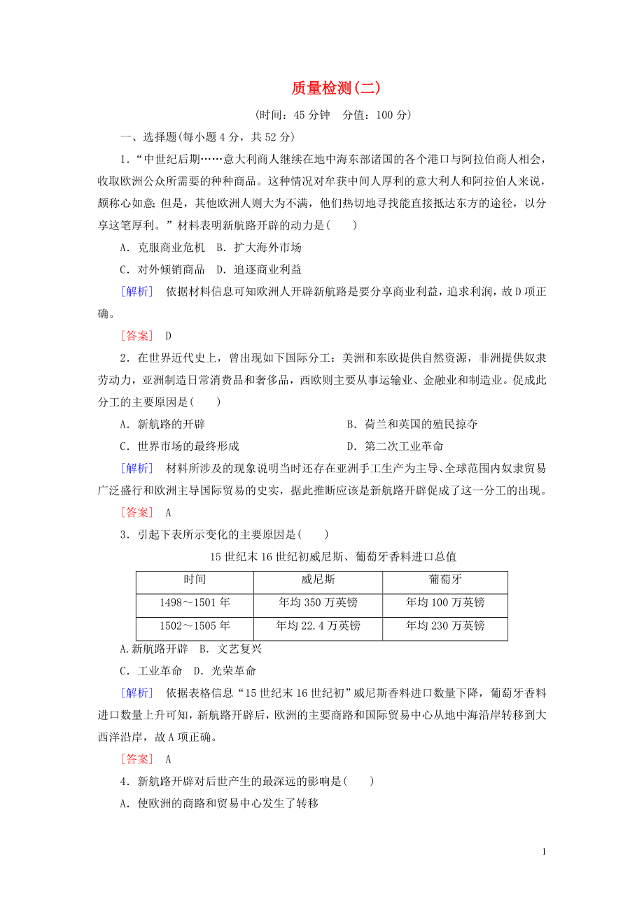 （新課標(biāo)）2019-2020學(xué)年高中歷史 質(zhì)量檢測2 資本主義世界市場的形成和發(fā)展 新人教版必修2_第1頁