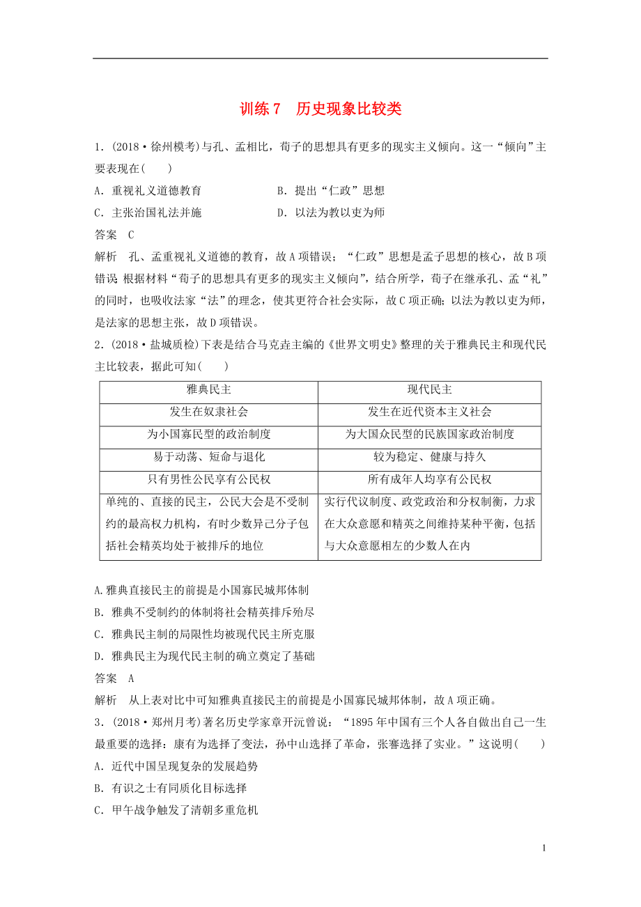 （江蘇專用）2019版高考?xì)v史二輪復(fù)習(xí) 高考題型分類練 訓(xùn)練7 歷史現(xiàn)象比較類_第1頁